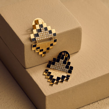 Yellow Gold Small Diamond Black Double Mashbak Earring
